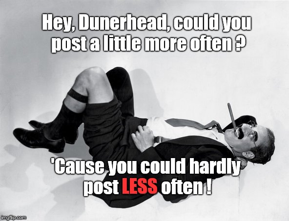 recumbent Groucho | Hey, Dunerhead, could you post a little more often ? 'Cause you could hardly post LESS often ! LESS | image tagged in recumbent groucho | made w/ Imgflip meme maker