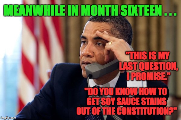 Stuff that never makes the news. | MEANWHILE IN MONTH SIXTEEN . . . "THIS IS MY LAST QUESTION, I PROMISE."; "DO YOU KNOW HOW TO GET SOY SAUCE STAINS OUT OF THE CONSTITUTION?" | image tagged in memes,trump obama hotline | made w/ Imgflip meme maker