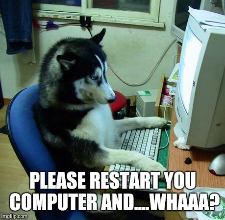 I Have No Idea What I Am Doing | PLEASE RESTART YOU COMPUTER AND....WHAAA? | image tagged in memes,i have no idea what i am doing | made w/ Imgflip meme maker