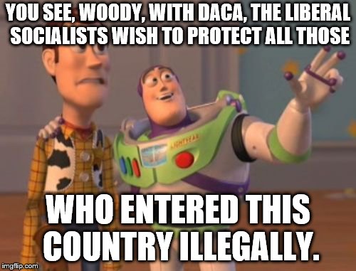 X, X Everywhere Meme | YOU SEE, WOODY, WITH DACA, THE LIBERAL SOCIALISTS WISH TO PROTECT ALL THOSE; WHO ENTERED THIS COUNTRY ILLEGALLY. | image tagged in memes,x x everywhere | made w/ Imgflip meme maker
