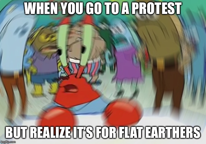 Mr Krabs Blur Meme | WHEN YOU GO TO A PROTEST; BUT REALIZE IT’S FOR FLAT EARTHERS | image tagged in memes,mr krabs blur meme | made w/ Imgflip meme maker