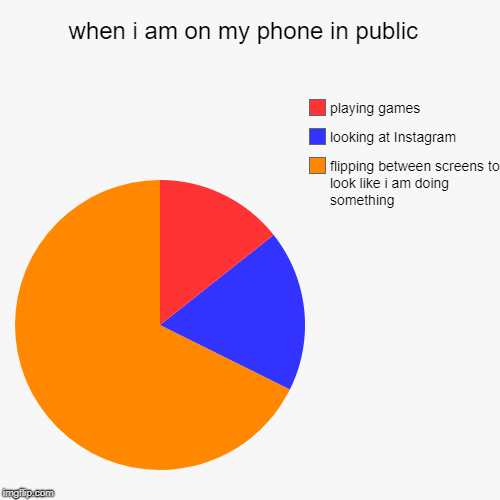 memes | when i am on my phone in public  | flipping between screens to look like i am doing something , looking at Instagram , playing games | image tagged in funny,pie charts | made w/ Imgflip chart maker