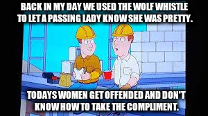 Construction Workers | BACK IN MY DAY WE USED THE WOLF WHISTLE TO LET A PASSING LADY KNOW SHE WAS PRETTY. TODAYS WOMEN GET OFFENDED AND DON'T KNOW HOW TO TAKE THE COMPLIMENT. | image tagged in construction workers | made w/ Imgflip meme maker