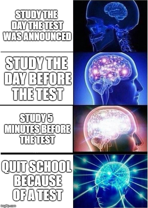 Expanding Brain | STUDY THE DAY THE TEST WAS ANNOUNCED; STUDY THE DAY BEFORE THE TEST; STUDY 5 MINUTES BEFORE THE TEST; QUIT SCHOOL BECAUSE OF A TEST | image tagged in memes,expanding brain | made w/ Imgflip meme maker