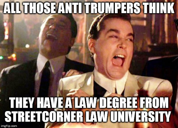 Wise guys laughing | ALL THOSE ANTI TRUMPERS THINK; THEY HAVE A LAW DEGREE FROM STREETCORNER LAW UNIVERSITY | image tagged in wise guys laughing | made w/ Imgflip meme maker