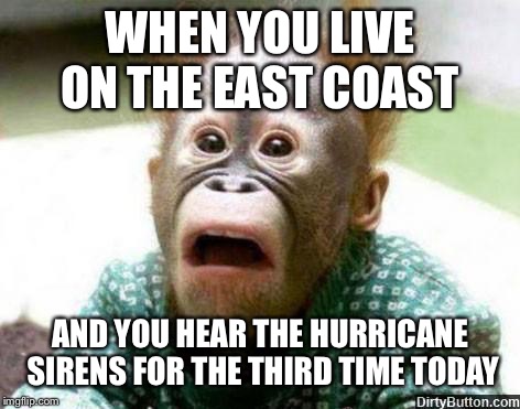 OH SHIT MONKEY | WHEN YOU LIVE ON THE EAST COAST; AND YOU HEAR THE HURRICANE SIRENS FOR THE THIRD TIME TODAY | image tagged in oh shit monkey | made w/ Imgflip meme maker