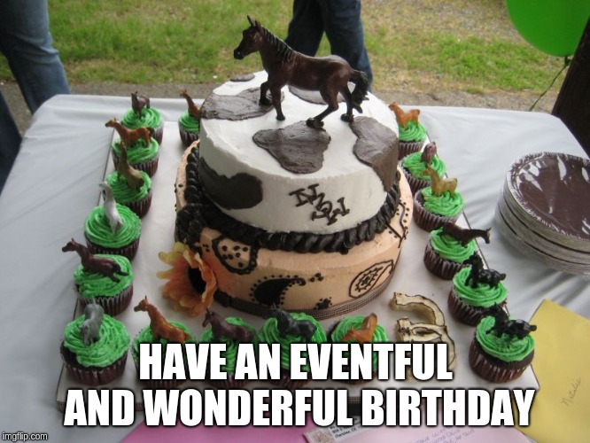 HAVE AN EVENTFUL AND WONDERFUL BIRTHDAY | image tagged in horse birthday cake | made w/ Imgflip meme maker