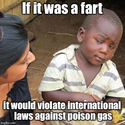 Third World Skeptical Kid Meme | If it was a fart it would violate international laws against poison gas | image tagged in memes,third world skeptical kid | made w/ Imgflip meme maker