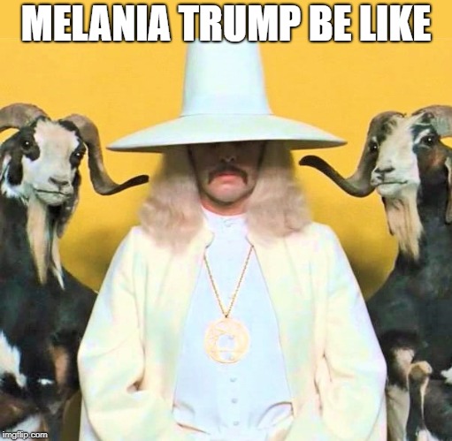 Melania Trump white hat Holy Mountain | MELANIA TRUMP BE LIKE | image tagged in melania trump holy mountain | made w/ Imgflip meme maker