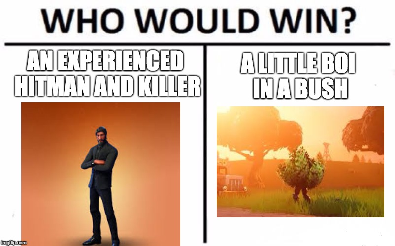 Who Would Win? Meme | AN EXPERIENCED HITMAN AND KILLER; A LITTLE BOI IN A BUSH | image tagged in memes,who would win | made w/ Imgflip meme maker