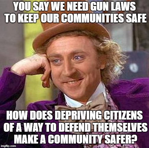 Creepy Condescending Wonka | YOU SAY WE NEED GUN LAWS TO KEEP OUR COMMUNITIES SAFE; HOW DOES DEPRIVING CITIZENS OF A WAY TO DEFEND THEMSELVES MAKE A COMMUNITY SAFER? | image tagged in memes,creepy condescending wonka | made w/ Imgflip meme maker