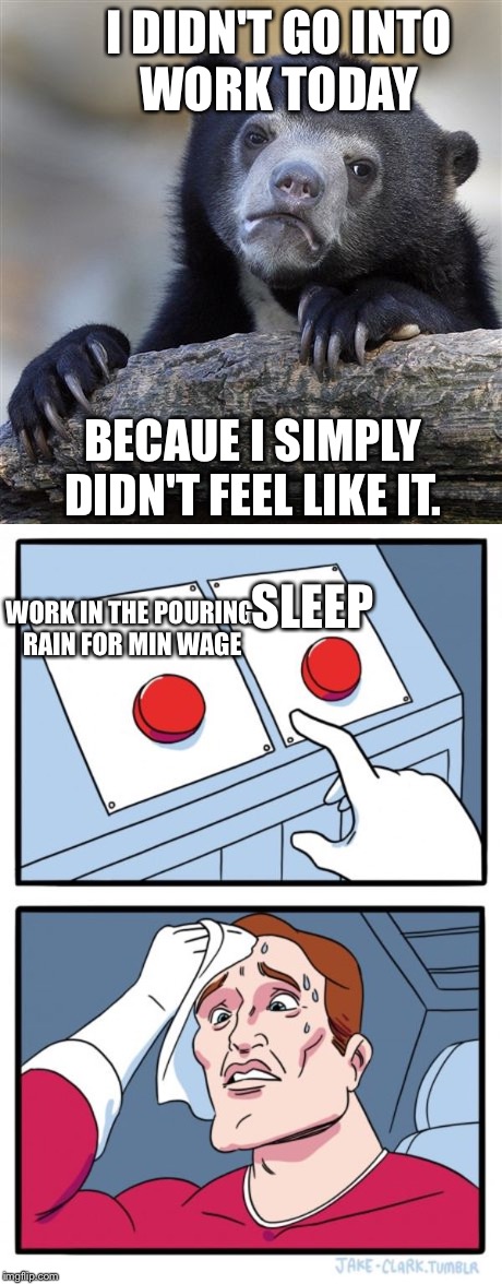 Sad truth.  | I DIDN'T GO INTO WORK TODAY; BECAUE I SIMPLY DIDN'T FEEL LIKE IT. SLEEP; WORK IN THE POURING RAIN FOR MIN WAGE | image tagged in memes | made w/ Imgflip meme maker