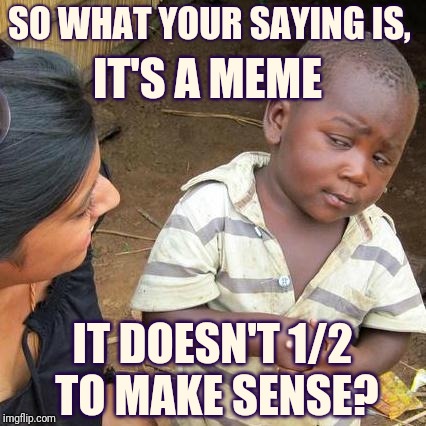 Memes on memes on memes | SO WHAT YOUR SAYING IS, IT'S A MEME; IT DOESN'T 1/2 TO MAKE SENSE? | image tagged in memes,third world skeptical kid,memes about memes,first world problems,funny memes | made w/ Imgflip meme maker