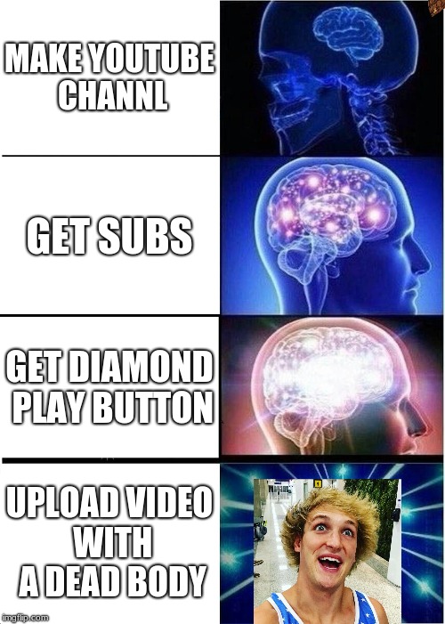 Expanding Brain Meme | MAKE YOUTUBE CHANNL; GET SUBS; GET DIAMOND PLAY BUTTON; UPLOAD VIDEO WITH A DEAD BODY | image tagged in memes,expanding brain,scumbag | made w/ Imgflip meme maker