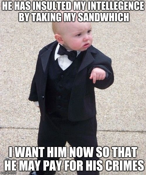 Baby Godfather | HE HAS INSULTED MY INTELLEGENCE BY TAKING MY SANDWHICH; I WANT HIM NOW SO THAT HE MAY PAY FOR HIS CRIMES | image tagged in memes,baby godfather | made w/ Imgflip meme maker