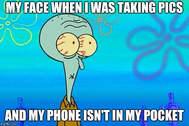 squidward left his phone | MY FACE WHEN I WAS TAKING PICS; AND MY PHONE ISN'T IN MY POCKET | image tagged in memes | made w/ Imgflip meme maker