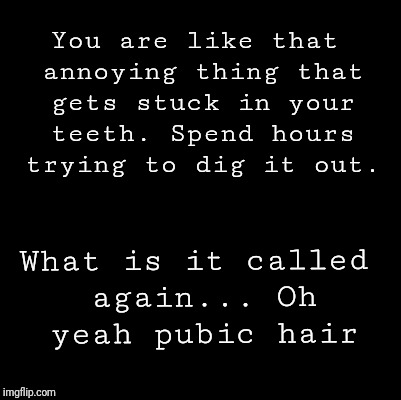 Blank | You are like that annoying thing that gets stuck in your teeth. Spend hours trying to dig it out. What is it called again... Oh yeah pubic hair | image tagged in blank | made w/ Imgflip meme maker