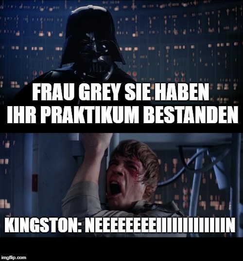 Star Wars No Meme | FRAU GREY SIE HABEN IHR PRAKTIKUM BESTANDEN; KINGSTON: NEEEEEEEEIIIIIIIIIIIIIN | image tagged in memes,star wars no | made w/ Imgflip meme maker