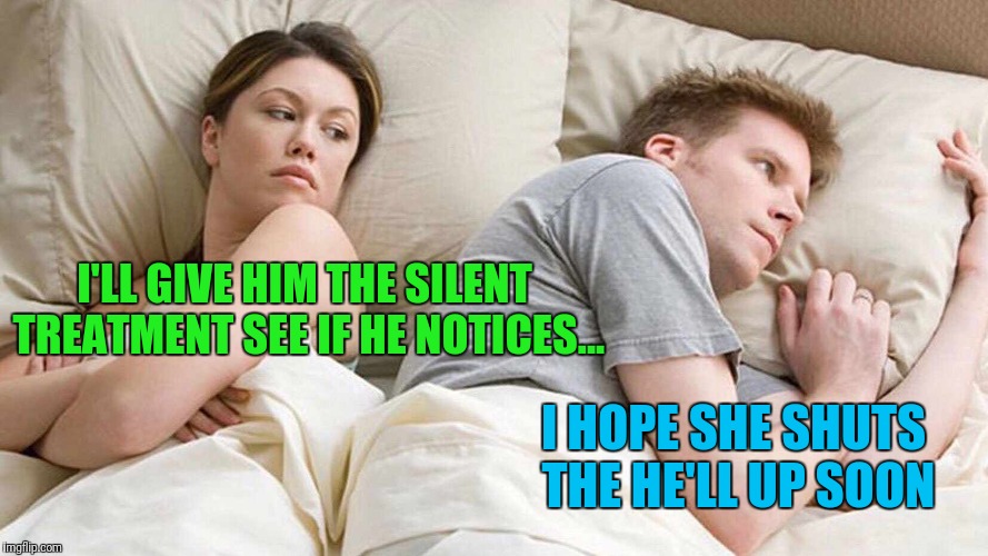 I Bet... | I'LL GIVE HIM THE SILENT TREATMENT SEE IF HE NOTICES... I HOPE SHE SHUTS THE HE'LL UP SOON | image tagged in i bet he's thinking about other women | made w/ Imgflip meme maker