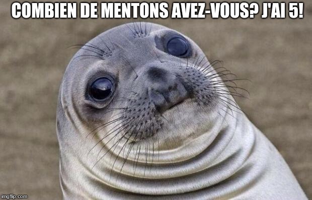 Awkward Moment Sealion Meme | COMBIEN DE MENTONS AVEZ-VOUS? J'AI 5! | image tagged in memes,awkward moment sealion | made w/ Imgflip meme maker