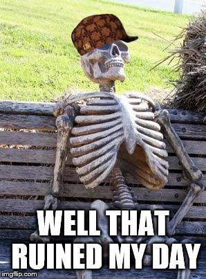 Waiting Skeleton Meme | WELL THAT RUINED MY DAY | image tagged in memes,waiting skeleton,scumbag | made w/ Imgflip meme maker