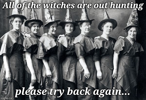 Witches | All of the witches are out hunting; please try back again... | image tagged in witches | made w/ Imgflip meme maker