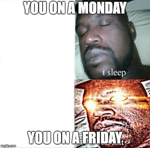 Sleeping Shaq | YOU ON A MONDAY; YOU ON A FRIDAY | image tagged in memes,sleeping shaq | made w/ Imgflip meme maker