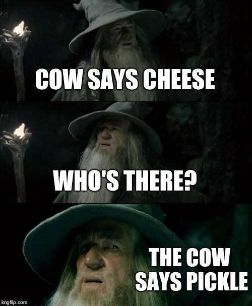 Confused Gandalf | COW SAYS CHEESE; WHO'S THERE? THE COW SAYS PICKLE | image tagged in memes,confused gandalf | made w/ Imgflip meme maker