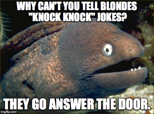 Bad Joke Eel Meme | WHY CAN'T YOU TELL BLONDES "KNOCK KNOCK" JOKES? THEY GO ANSWER THE DOOR. | image tagged in memes,bad joke eel,bondes | made w/ Imgflip meme maker