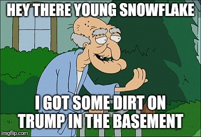 Dirt on trump | HEY THERE YOUNG SNOWFLAKE; I GOT SOME DIRT ON TRUMP IN THE BASEMENT | image tagged in old man family guy,donald trump | made w/ Imgflip meme maker