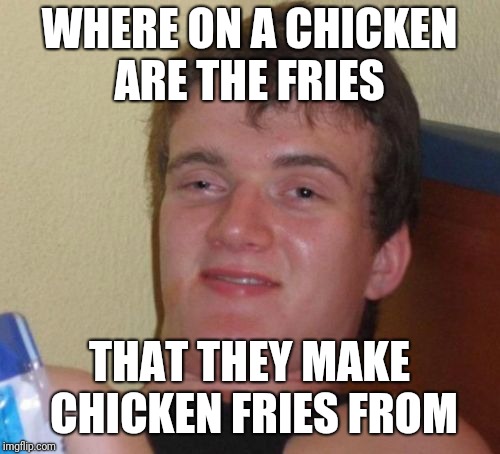 10 Guy Meme | WHERE ON A CHICKEN ARE THE FRIES; THAT THEY MAKE CHICKEN FRIES FROM | image tagged in memes,10 guy | made w/ Imgflip meme maker