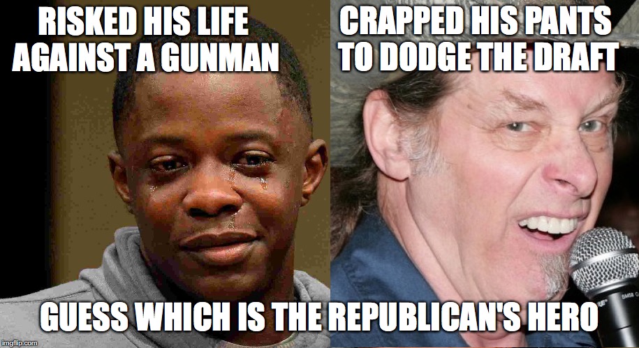 HERO vs ZERO | CRAPPED HIS PANTS TO DODGE THE DRAFT; RISKED HIS LIFE AGAINST A GUNMAN; GUESS WHICH IS THE REPUBLICAN'S HERO | image tagged in waffle house,ted nugent | made w/ Imgflip meme maker