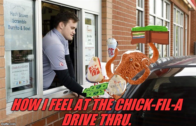 I just want to ask sometimes, "What do I look like? AN OCTOPUS?" | HOW I FEEL AT THE CHICK-FIL-A DRIVE THRU. | image tagged in octopus,slow it down,i only have two hands,nixieknox,memes | made w/ Imgflip meme maker