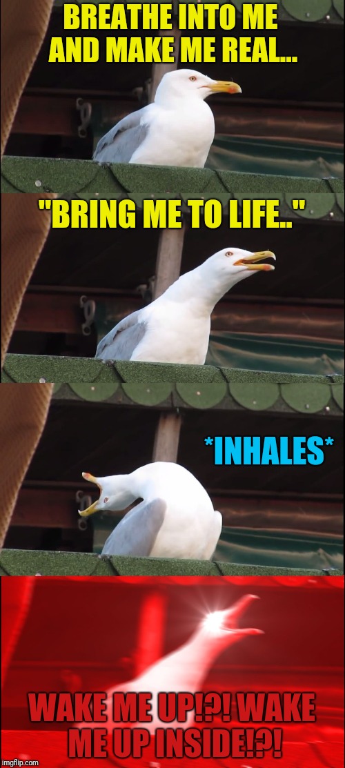 Inhaling Seagull | BREATHE INTO ME AND MAKE ME REAL... "BRING ME TO LIFE.."; *INHALES*; WAKE ME UP!?! WAKE ME UP INSIDE!?! | image tagged in memes,inhaling seagull | made w/ Imgflip meme maker