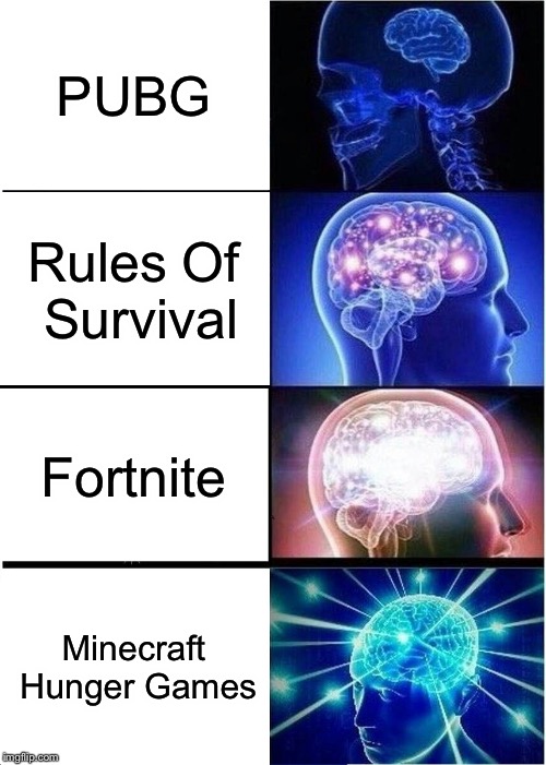 Expanding Brain Meme | PUBG; Rules Of Survival; Fortnite; Minecraft Hunger Games | image tagged in memes,expanding brain,fortnite,pubg,minecraft,funny | made w/ Imgflip meme maker