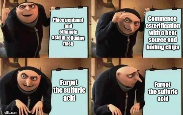 Gru can't chemistry | Place pentanol and ethanoic acid in refluxing flask; Commence esterification with a heat source and boiling chips; Forget the sulfuric acid; Forget the sulfuric acid | image tagged in gru's plan | made w/ Imgflip meme maker