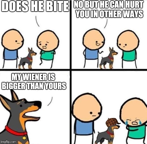 Dog Hurt Comic | NO BUT HE CAN HURT YOU IN OTHER WAYS; DOES HE BITE; MY WIENER IS BIGGER THAN YOURS | image tagged in dog hurt comic,scumbag | made w/ Imgflip meme maker
