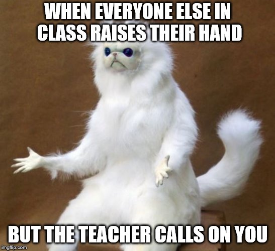 angery | WHEN EVERYONE ELSE IN CLASS RAISES THEIR HAND; BUT THE TEACHER CALLS ON YOU | image tagged in oof | made w/ Imgflip meme maker