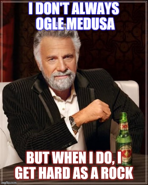 The Most Interesting Man In The World Meme | I DON'T ALWAYS OGLE MEDUSA; BUT WHEN I DO, I GET HARD AS A ROCK | image tagged in memes,the most interesting man in the world,medusa,jbmemegeek,i dont always | made w/ Imgflip meme maker