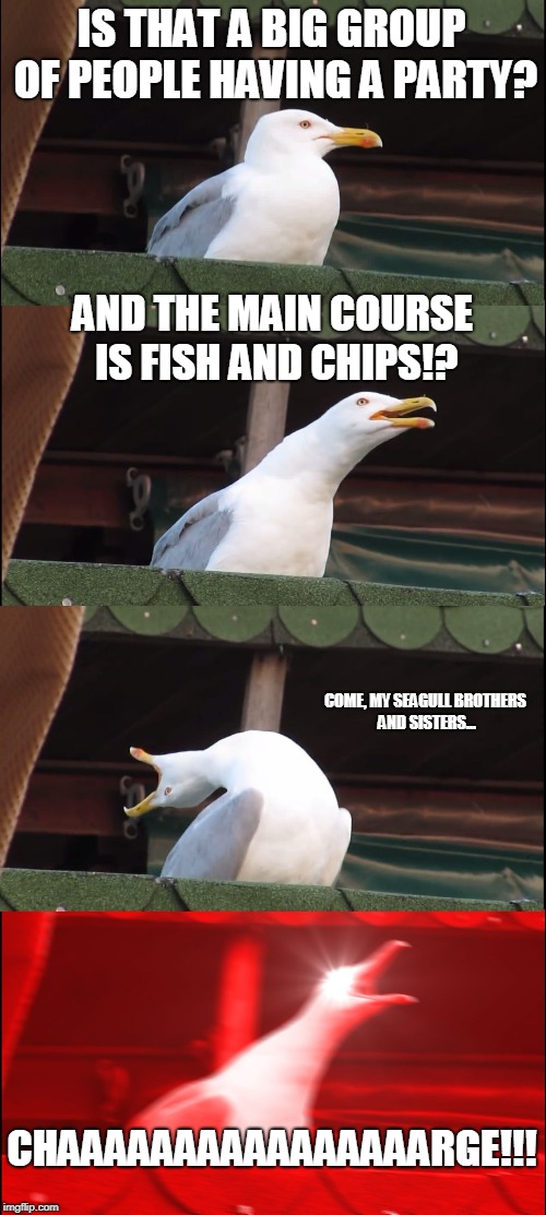 If you party near the coast | IS THAT A BIG GROUP OF PEOPLE HAVING A PARTY? AND THE MAIN COURSE IS FISH AND CHIPS!? COME, MY SEAGULL BROTHERS AND SISTERS... CHAAAAAAAAAAAAAAAARGE!!! | image tagged in memes,inhaling seagull,mine,birds | made w/ Imgflip meme maker