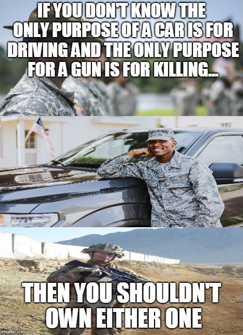 IF YOU DON'T KNOW THE ONLY PURPOSE OF A CAR IS FOR DRIVING AND THE ONLY PURPOSE FOR A GUN IS FOR KILLING... THEN YOU SHOULDN'T OWN EITHER ONE | made w/ Imgflip meme maker