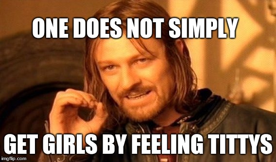One Does Not Simply Meme | ONE DOES NOT SIMPLY; GET GIRLS BY FEELING TITTYS | image tagged in memes,one does not simply,scumbag | made w/ Imgflip meme maker