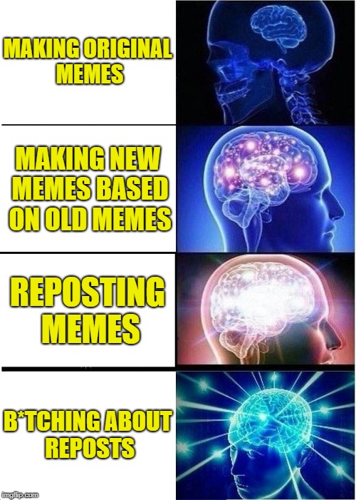Probably a repost ... or at least somebody saw something similar last month | MAKING ORIGINAL MEMES; MAKING NEW MEMES BASED ON OLD MEMES; REPOSTING MEMES; B*TCHING ABOUT REPOSTS | image tagged in memes,expanding brain | made w/ Imgflip meme maker