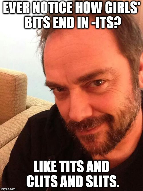EVER NOTICE HOW GIRLS' BITS END IN -ITS? LIKE TITS AND CLITS AND SLITS. | image tagged in mark sheppard,girl bits | made w/ Imgflip meme maker