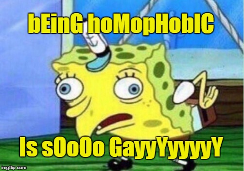 Mocking Spongebob Meme | bEinG hoMopHobIC Is sOoOo GayyYyyyyY | image tagged in memes,mocking spongebob | made w/ Imgflip meme maker