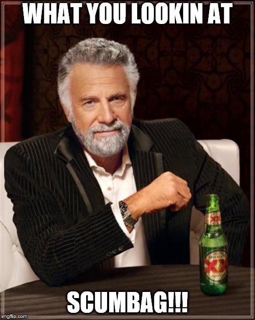 The Most Interesting Man In The World Meme | WHAT YOU LOOKIN AT; SCUMBAG!!! | image tagged in memes,the most interesting man in the world,scumbag | made w/ Imgflip meme maker