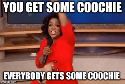 Oprah Giving Away Stuff | YOU GET SOME COOCHIE; EVERYBODY GETS SOME COOCHIE | image tagged in oprah giving away stuff | made w/ Imgflip meme maker