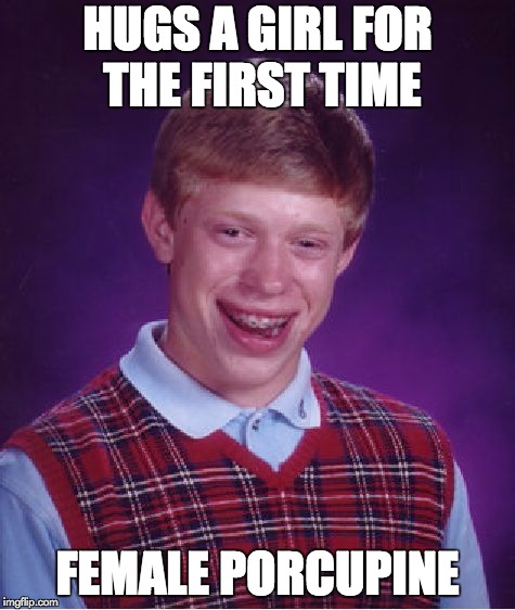 Bad Luck Brian | HUGS A GIRL FOR THE FIRST TIME; FEMALE PORCUPINE | image tagged in memes,bad luck brian | made w/ Imgflip meme maker