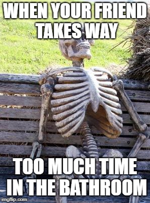 Waiting Skeleton Meme | WHEN YOUR FRIEND TAKES WAY; TOO MUCH TIME IN THE BATHROOM | image tagged in memes,waiting skeleton | made w/ Imgflip meme maker