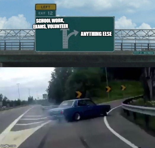 Left Exit 12 Off Ramp | SCHOOL WORK, EXAMS, VOLUNTEER; ANYTHING ELSE | image tagged in memes,left exit 12 off ramp | made w/ Imgflip meme maker